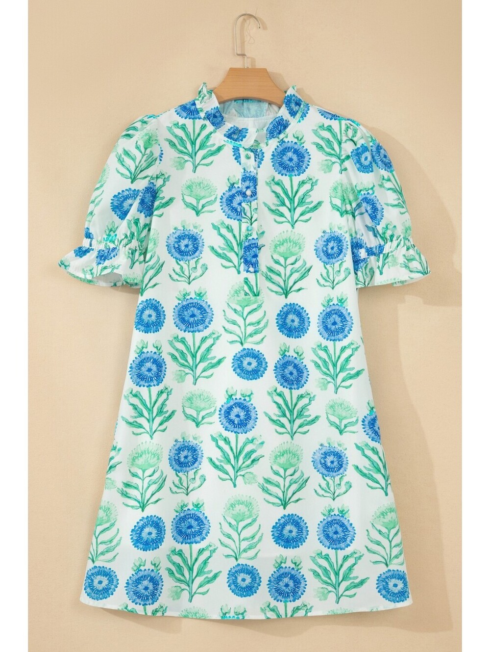 Vintage Style Blue and Green Floral Print Puff Sleeve Dress